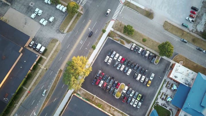 Aerial view of a surface parking lot