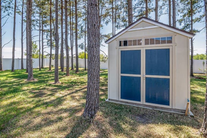 A painted shed among pine trees