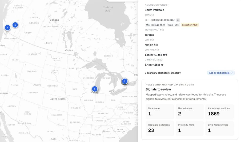 Bucky property analysis with a map of project locations and zoning rules for a Toronto site