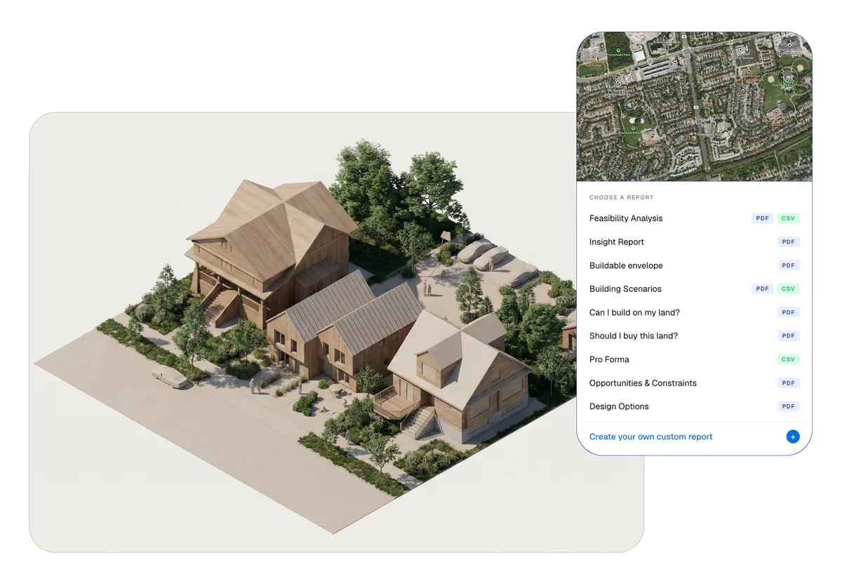 A Bucky feasibility report: a site render beside the export menu listing the report templates, with a satellite thumbnail of the lot.